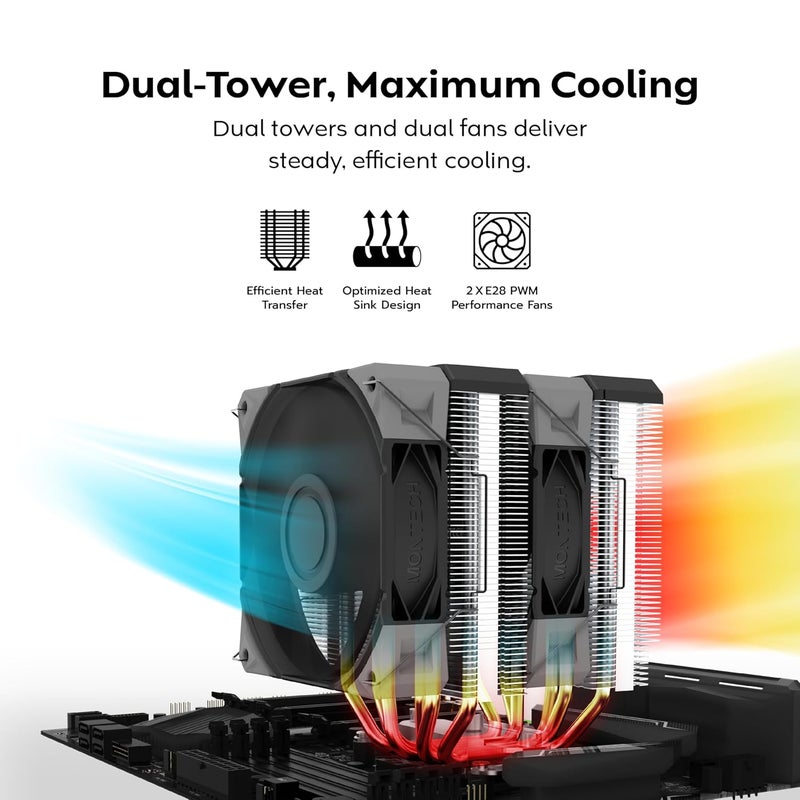 MONTECH NX600 Dual-Tower CPU Air Cooler with 6 Heatpipes & Premium Top Cover | 28mm E28 PWM Premium Fan | Soldered Copper Base | Superior Heat Dissipation | All Intel & AMD Socket Support | Black - Image 3